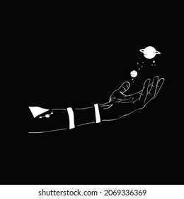 man's hand and universe ,planet ,space ,hand drawn hand vector patterns