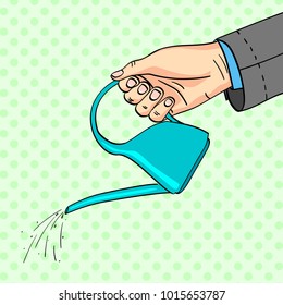 A mans hand watered with a watering can. A jacket, part of a man, a background point. Pop art vector illustration. Style comics