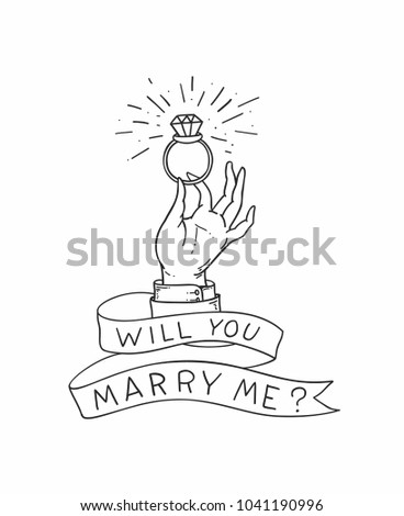 Man's hand with a wedding ring with a diamond and offer of marriage illustration in old school tattoo style. Vector illustration.