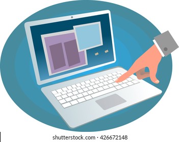 Man's hand working with computer. Vector illustration. Icon. Cartoon style