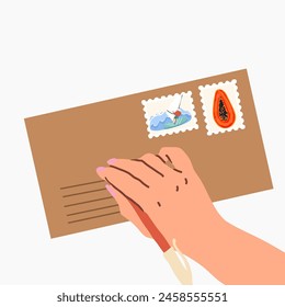 The  man's hand writes the address on a kraft envelope, fills in the lines. Postage. Hand drawing vector illustration on white background isolated.