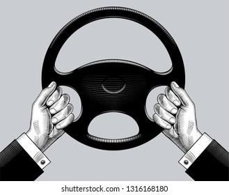 Man's hands driving with steering wheel. Vintage stylized drawing. Vector illustration