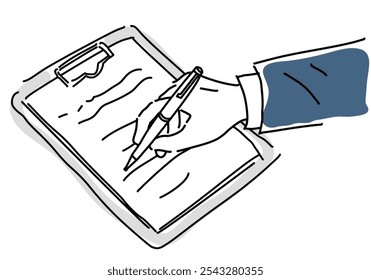 man's hands filling out a document on a clipboard hand drawing vector illustration