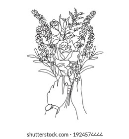 Man's hands with flowers one line vector drawing. Fine One Line Vector Art Drawing. Modern Gallery Wall
 Abstract Wall Art Print Set. Woman Silhouette Botanical theme for print.Modern continuous line 