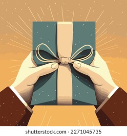 A man's hands hold a gift wrapped in gift wrap for Father's Day. Concept for Happy father's day poster background template design. Flat vector illustration