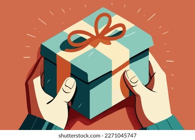 A man's hands hold a gift wrapped in gift wrap for Father's Day. Concept for Happy father's day poster background template design. Flat vector illustration