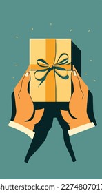 A man's hands hold a gift wrapped in gift wrap for Father's Day. Concept for Happy father's day poster background template design. Flat vector illustration