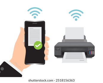 As mãos do homem seguram um smartphone e imprimem um documento em uma impressora wireless.