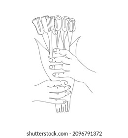 Man's hands holding a bouquet drawn by one line. Romantic sketch. Isolated. Continuous line drawing art. Minimalism. For greeting card, poster, banner. Festive vector illustration.