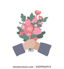 Man's hands holding flowers Valentines day 14 February