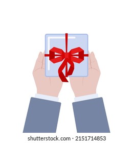 Handschuhe mit Geschenkbox mit rotem Band und Bugknot in der Draufsicht. Feierliche Pauschalen zum Geburtstag, Hochzeit, Weihnachtsfest. Vektorgrafik.
