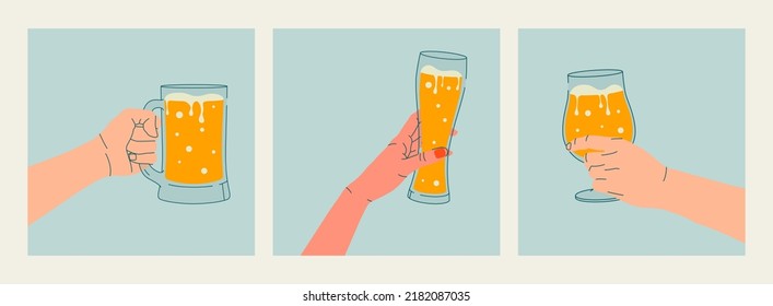 Woman’s and man's hands holding glass of beer. Set of outline drawings. Flat illustration for greeting cards, postcards, invitations, menu design. Line art template