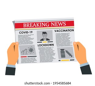 man's hands holding newspaper with daily breaking news about covid-19. Articles on vaccination, lockdown and pandemic. vector illustration isolated on white background