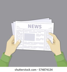 Man's hands holding a newspaper with latest news. Abstract text and photos on sheets. Vector illustration in flat design on a gray background.