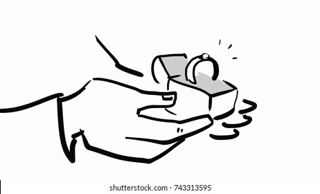 Man's hands holding open box with engagement ring black and white vector sketch. Simple drawing at white background.