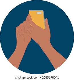 Man's hands are holding a phone . Vector flat illustration.