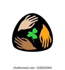 Man's hands are holding a plant. Ecological theme. Go green. Nature protection theme. Abctract and minimalist vector illustration. Concept for t-shirt, design print, graphic style, logo template.