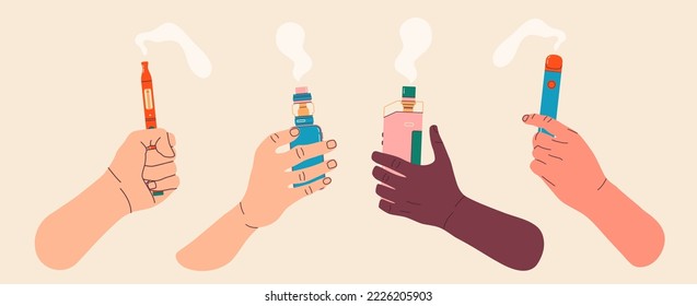 Man's hands holding vape, colorful illustrations. Electronic cigarettes and vape concept. Modern vector illustration. Variety of designs vape pens and pod mods. Flat vector design for web.