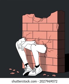Man's hands and legs in the wall. desperate and lonely person. 