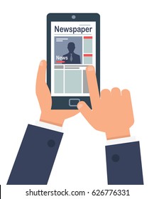 Man's hands looks at the latest news on smart on white background. Man in business suit holding a finger to read the news online using the Internet. Vector illustration business card design.