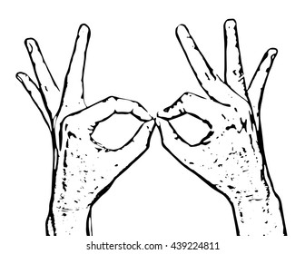 Man's hands makes funny shapes. Black and white vector graphic. Body part.