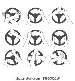 Man's hands on the steering wheel. Simple vector set