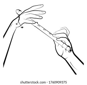 Mans hands playing on wooden pipe, flute. Musical folk wind instruments. Isolated vector on white background