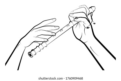 Mans hands are playing on a wooden pipe, flute. Musical folk wind instruments. Isolated vector on white background