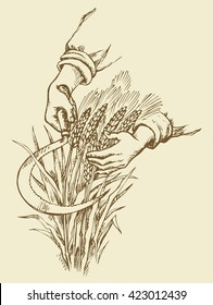 Man's hardwork palm collect by old metal falx ripe dry golden ear spica. Outline ink drawn picture sketch in art doodle retro style pen on paper. Closeup view and space for text on yellow background