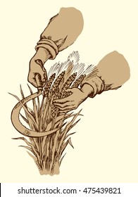 Man's hardwork palm collect by old metal falx ripe dry ear spica. Outline ink drawn picture sketch in art doodle retro style pen on paper. Closeup view with space for text on white background