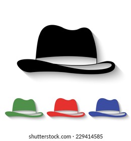 man's hat icon - black and colored (green, red, blue) illustration with shadow