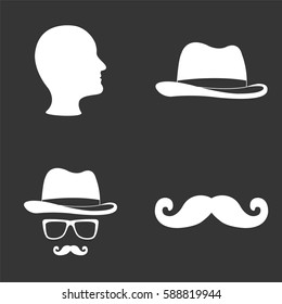 Man's hat and mustaches icons set isolated on  gray