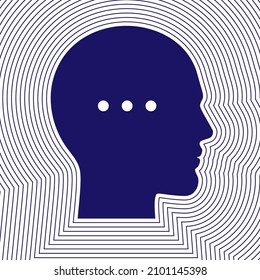 Man's head with 3 dots inside, and wave lines spreading around him. Scientific, neural research concept vector illustration.