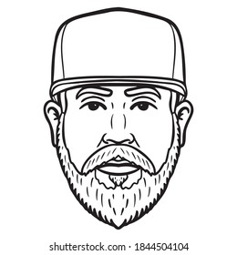 man's head with beard and baseball cap. outline, comic, monochrome.