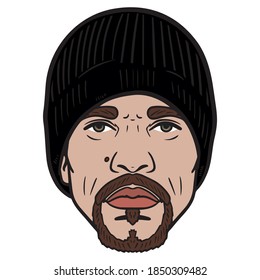 man's head with black cap and beard. avatar, comic.
