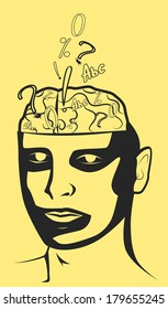 The mans head with the brain receives information