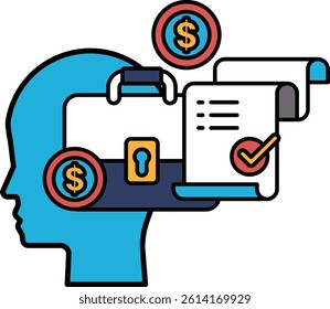 A man's head with a briefcase and a piece of paper with a check on it. The man is holding a key and a wallet