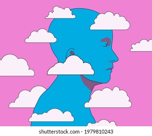 Man's head in the clouds. Conceptual vector illustration about psychology, mindfulness and meditation.