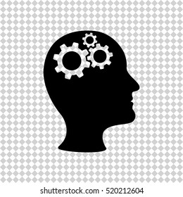 Man's head with cogwheel gears - black  vector icon