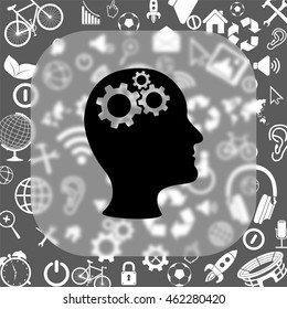 Man's head with cogwheel gears vector icon - matte glass button on background consisting  of different icons