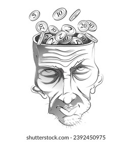 Man's head, coins coming out of the head, addiction to money