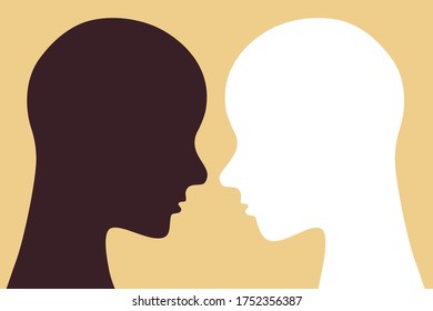 Man's Head Colored In Black Stands Opposite To Another Man's Head Colored In White. Racial Equality Concept Illustration.  Flat Design Icon.