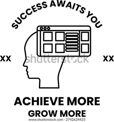 A man's head with a computer screen on it. The text below the head says "Success awaits you you achieve more grow more"