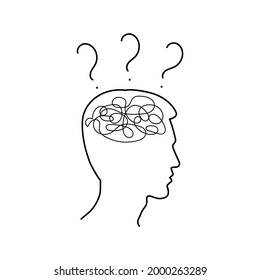 La cabeza del hombre con pensamientos confusos en su cerebro. Pensando en la persona con preguntas. Silueta de rostro masculino con mente retorcida. Ilustración vectorial.