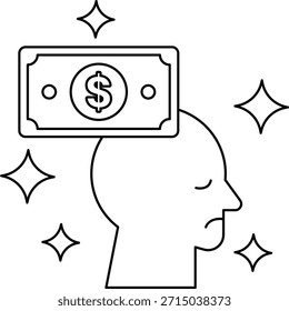 La cabeza de un hombre está cubierta con un billete de un dólar. El billete de un dólar está rodeado por un montón de estrellas. El billete de un dólar está al revés y la cabeza del hombre también está al revés