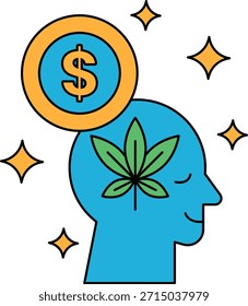 La cabeza de un hombre con un signo de dólar y una hoja. El signo del dólar representa el dinero y la hoja representa la marihuana. La Imagen pretende transmitir la idea de que la marihuana puede ser un producto valioso