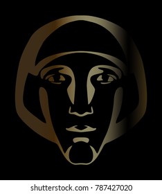 The man's head is drawn by golden gradient. Vector image of face as avatar or logo.