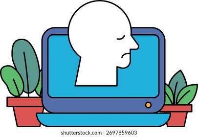 A man's head is drawn on a computer screen. The man is sad or depressed. The image is accompanied by a potted plant and a keyboard