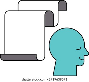 La cabeza de un hombre está dibujada con un pergamino encima. El pergamino es blanco y la cabeza del hombre es negra. Concepto de calma y serenidad, como si el hombre estuviera meditando o contemplando