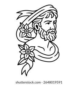 man's head with flower and ribbon decoration.classic style black and white illustration